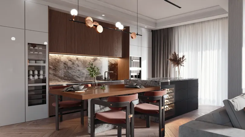 A stylish modern kitchen with a wooden table, marble countertop, and ambient lighting